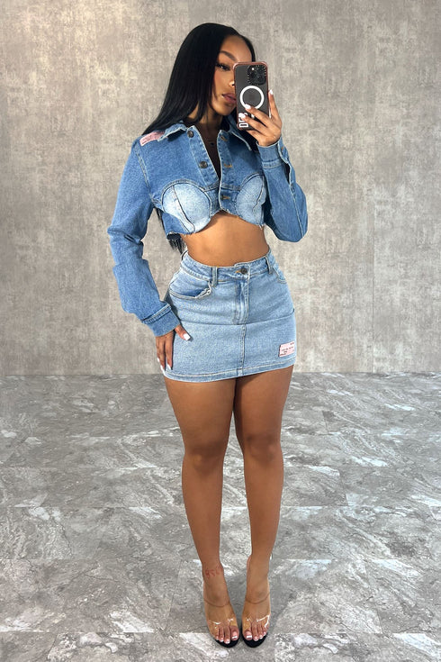 Everlie Denim Jacket & Skirt SET sets EDGE Small Denim